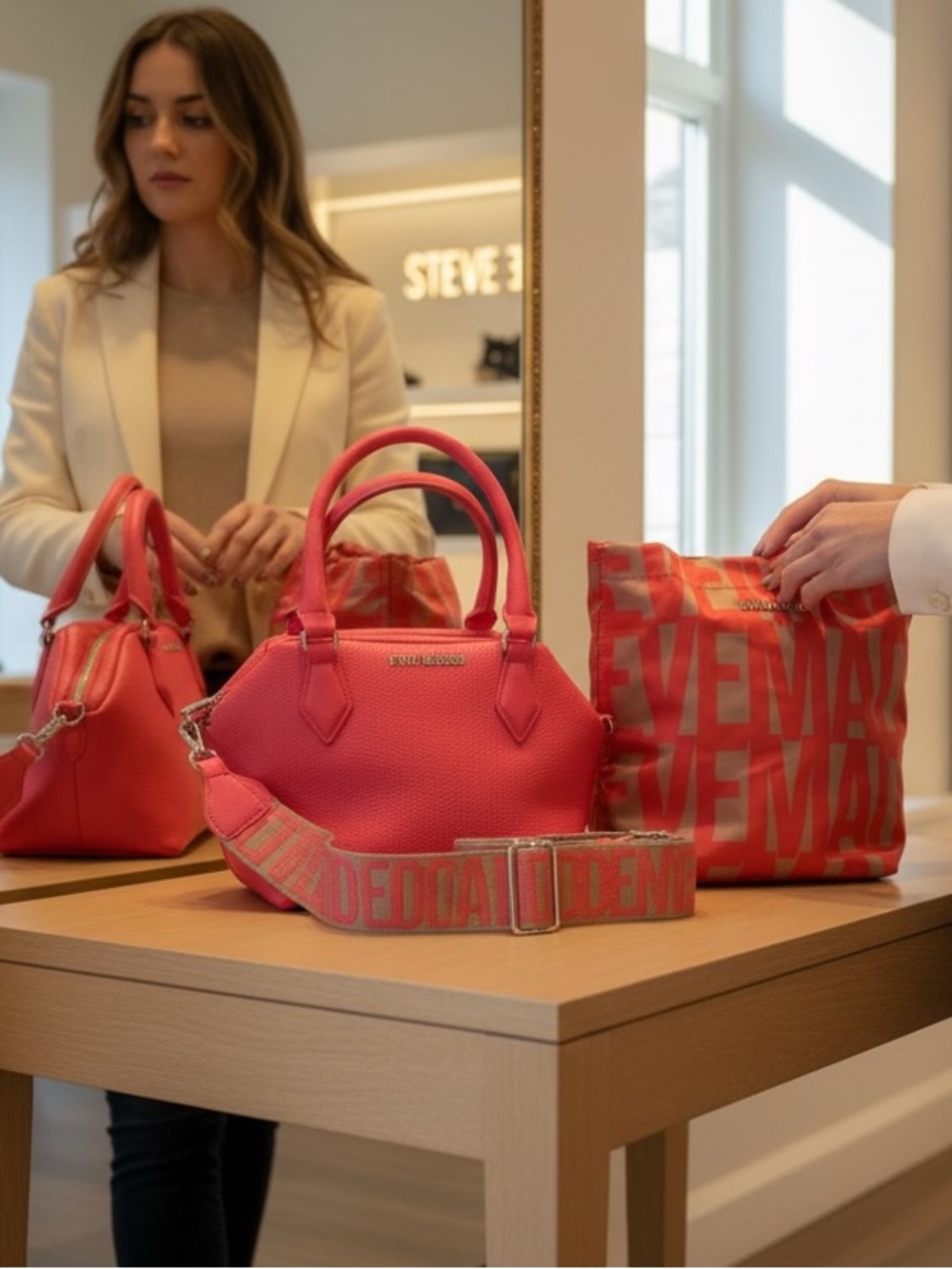 Steve Madden Hot Pink Satchel with Matching Logo Tote and Branded Strap